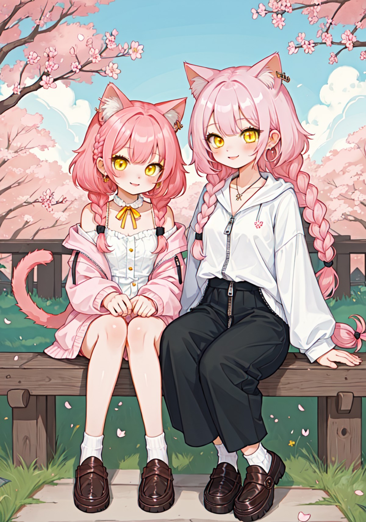 masterpiece, best quality, cute, 2girls, cat ears, pink hair, yellow eyes, braid, spiked hair, halterneck, loafers, button...